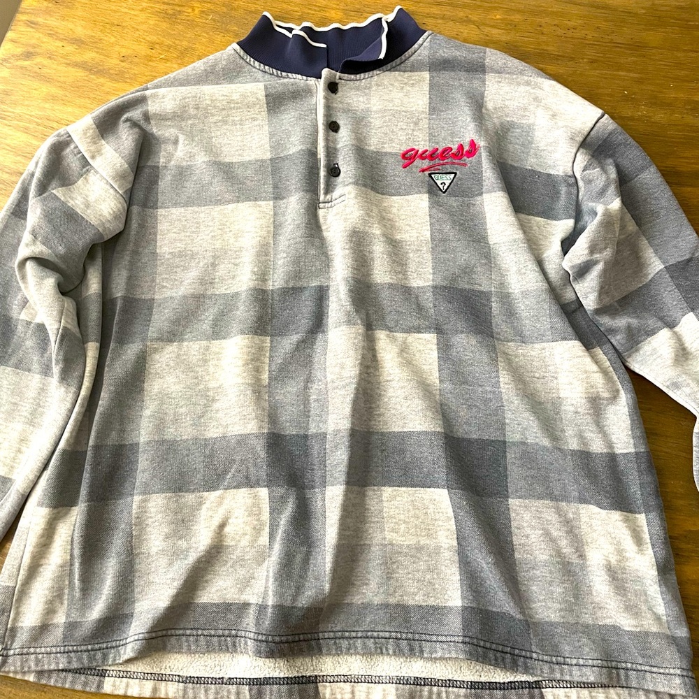 Vintage 80s Men Pullover Guess Triangle Plaid Collar XL